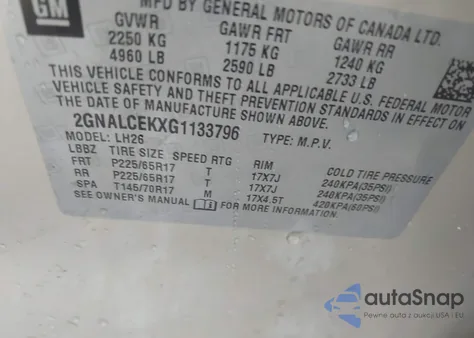 2016 Chevrolet Equinox Lt из США, поврежденный, VIN 2GNALCEKXG1133796